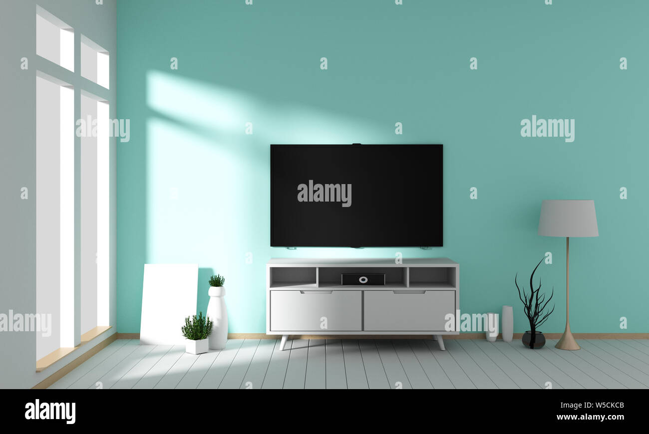 Tv on cabinet design in room interior granite tile floor on mint wall ,minimal designs zen style, 3d rendering Stock Photo