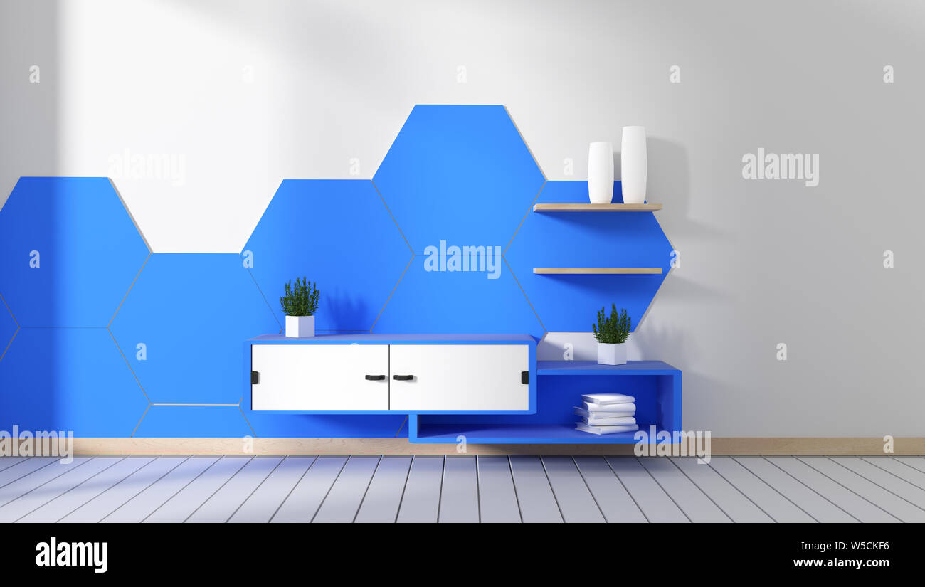 Tv in room blue hexagon tile minimal designs, zen style. 3d