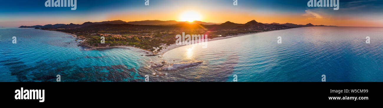 Sunset on Costa Rei with Scoglio di Peppino, Sardinia, Italy, Europe. Stock Photo