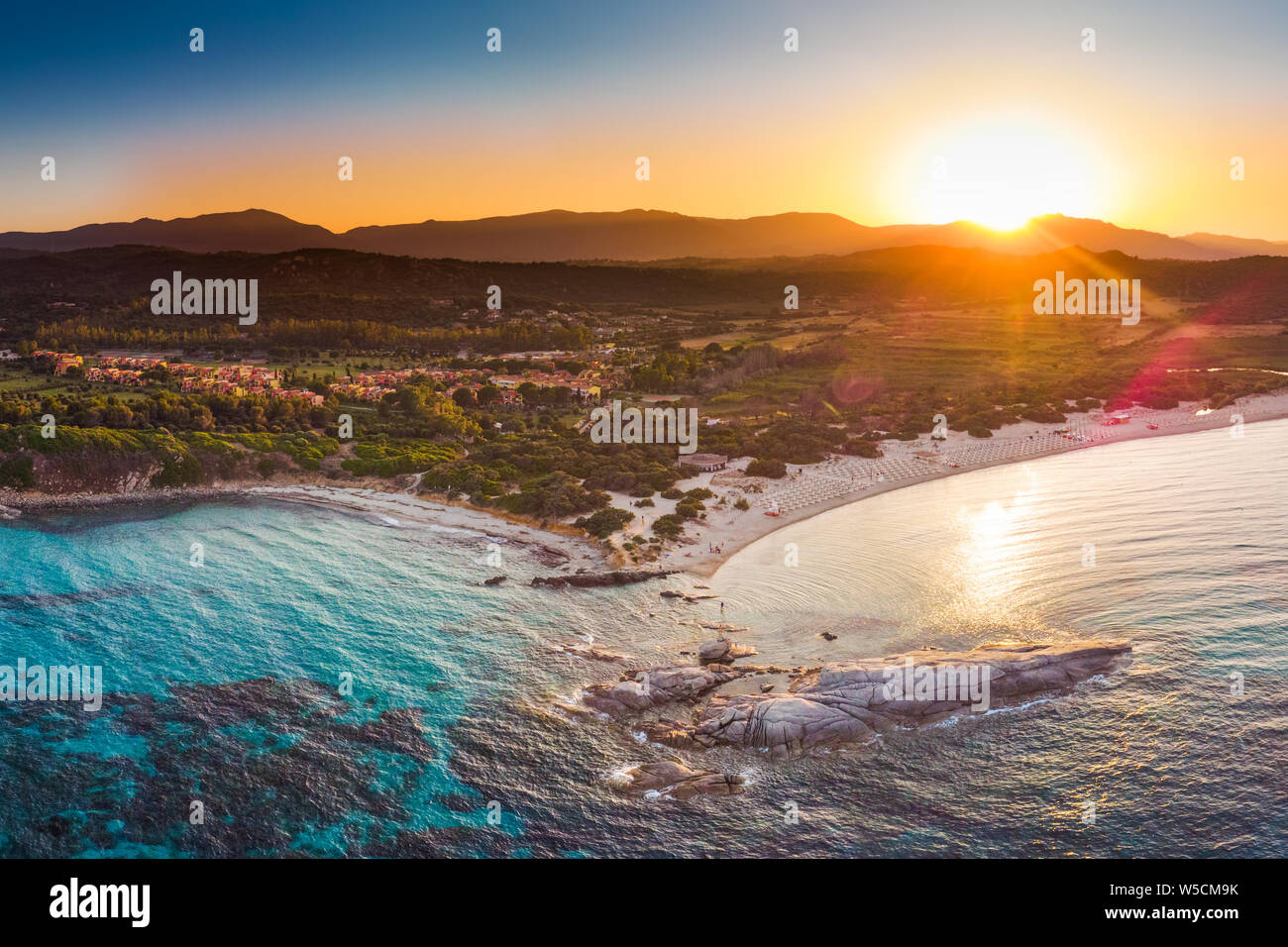 Sunset on Costa Rei with Scoglio di Peppino, Sardinia, Italy, Europe. Stock Photo