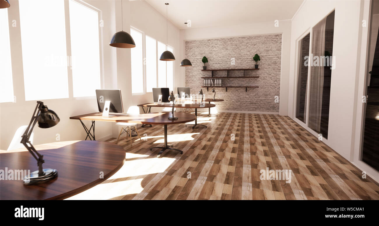 office interior with a row under large windows. Massive ceiling lamps.3D rendering Stock Photo