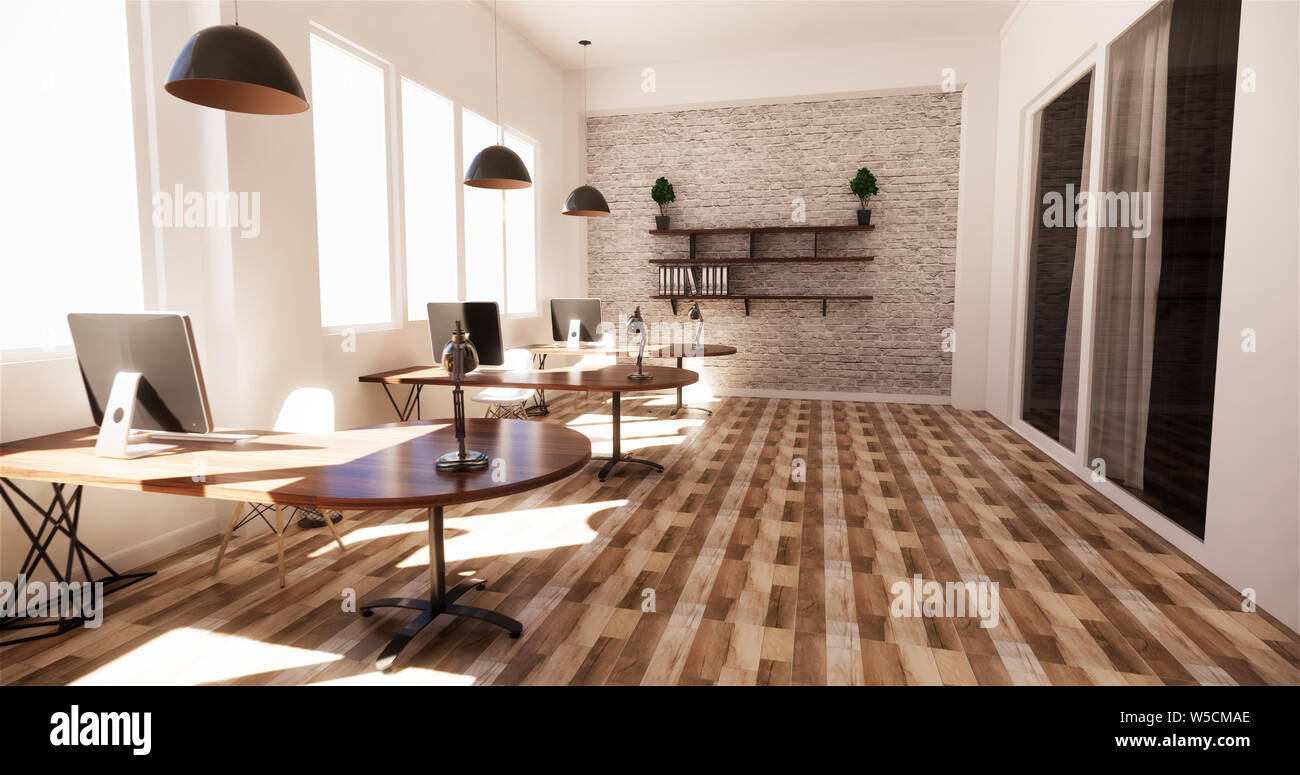 office interior with a row under large windows. Massive ceiling lamps.3D rendering Stock Photo