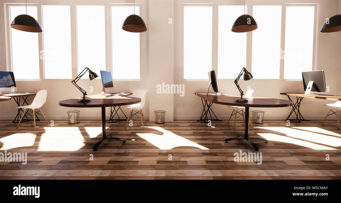office interior with a row under large windows. Massive ceiling lamps.3D rendering Stock Photo