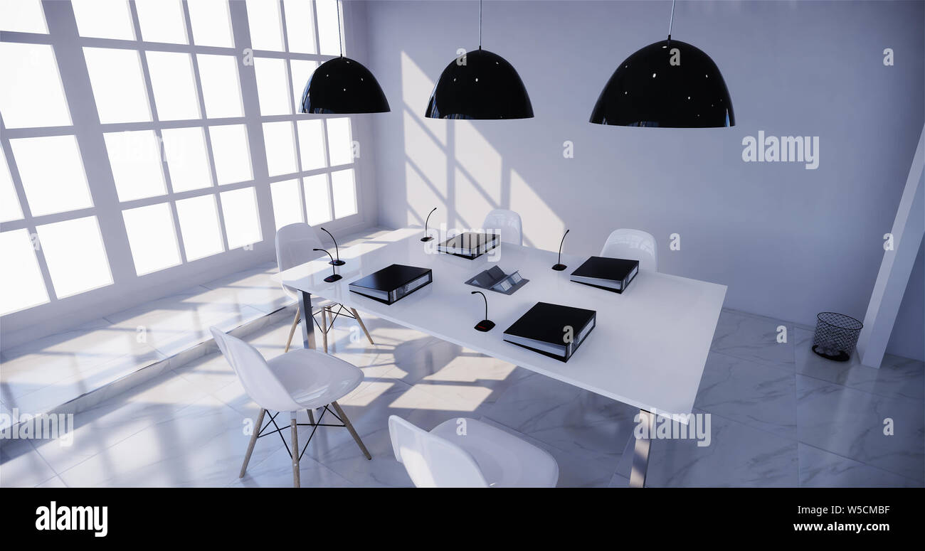 office interior with a row under large windows. Massive ceiling lamps.3D rendering Stock Photo