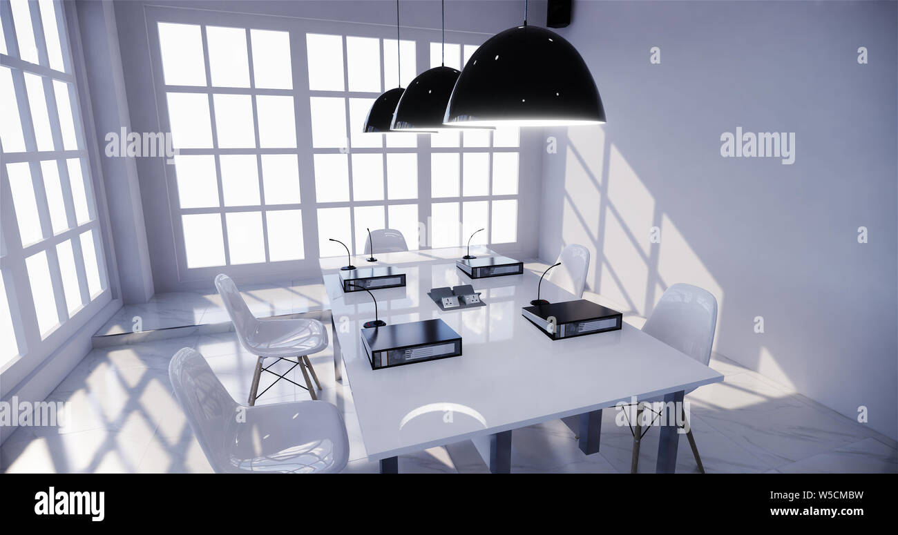office interior with a row under large windows. Massive ceiling lamps.3D rendering Stock Photo