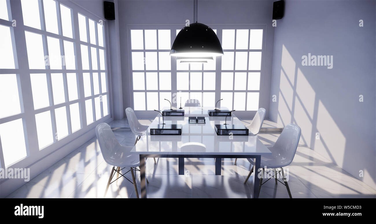 office interior with a row under large windows. Massive ceiling lamps.3D rendering Stock Photo