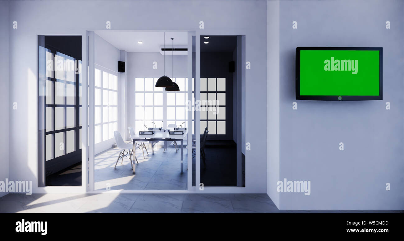 office interior with a row under large windows. Massive ceiling lamps.3D rendering Stock Photo