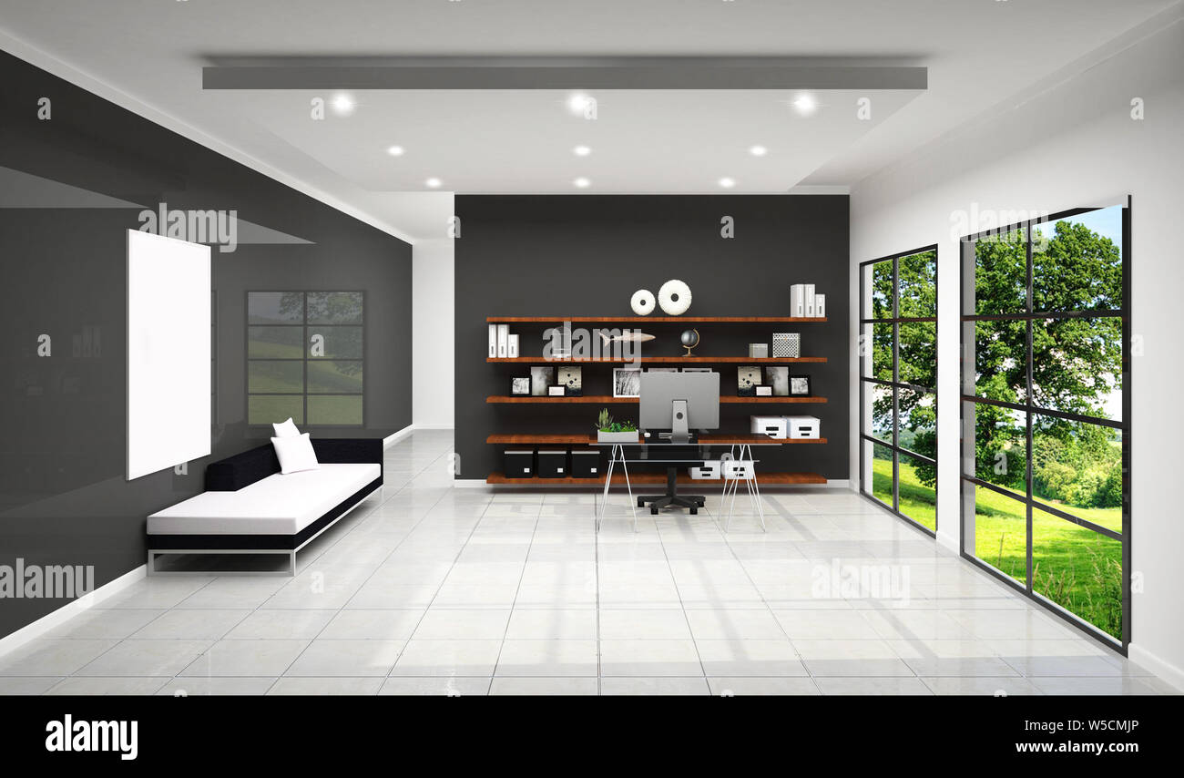 Working Room With Sofa And Decoration Work Room White Tile Design And Black Wall Background 3d Rendering Stock Photo Alamy