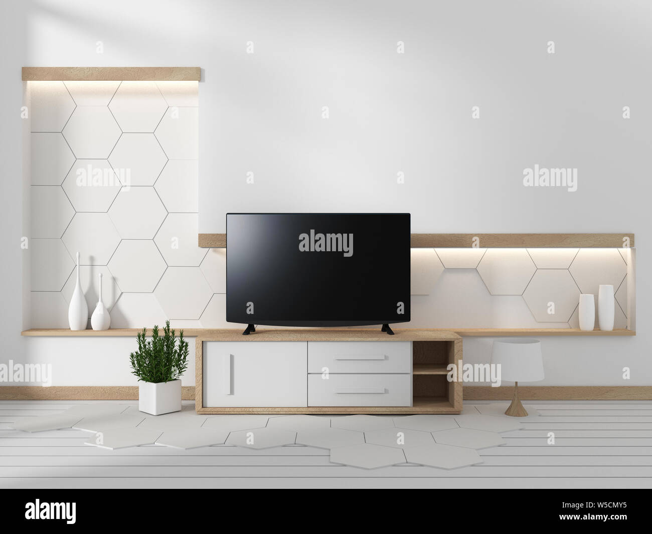 Smart TV on the cabinet in japanese living room with plants on hexagonal wall design background,3d rendering Stock Photo