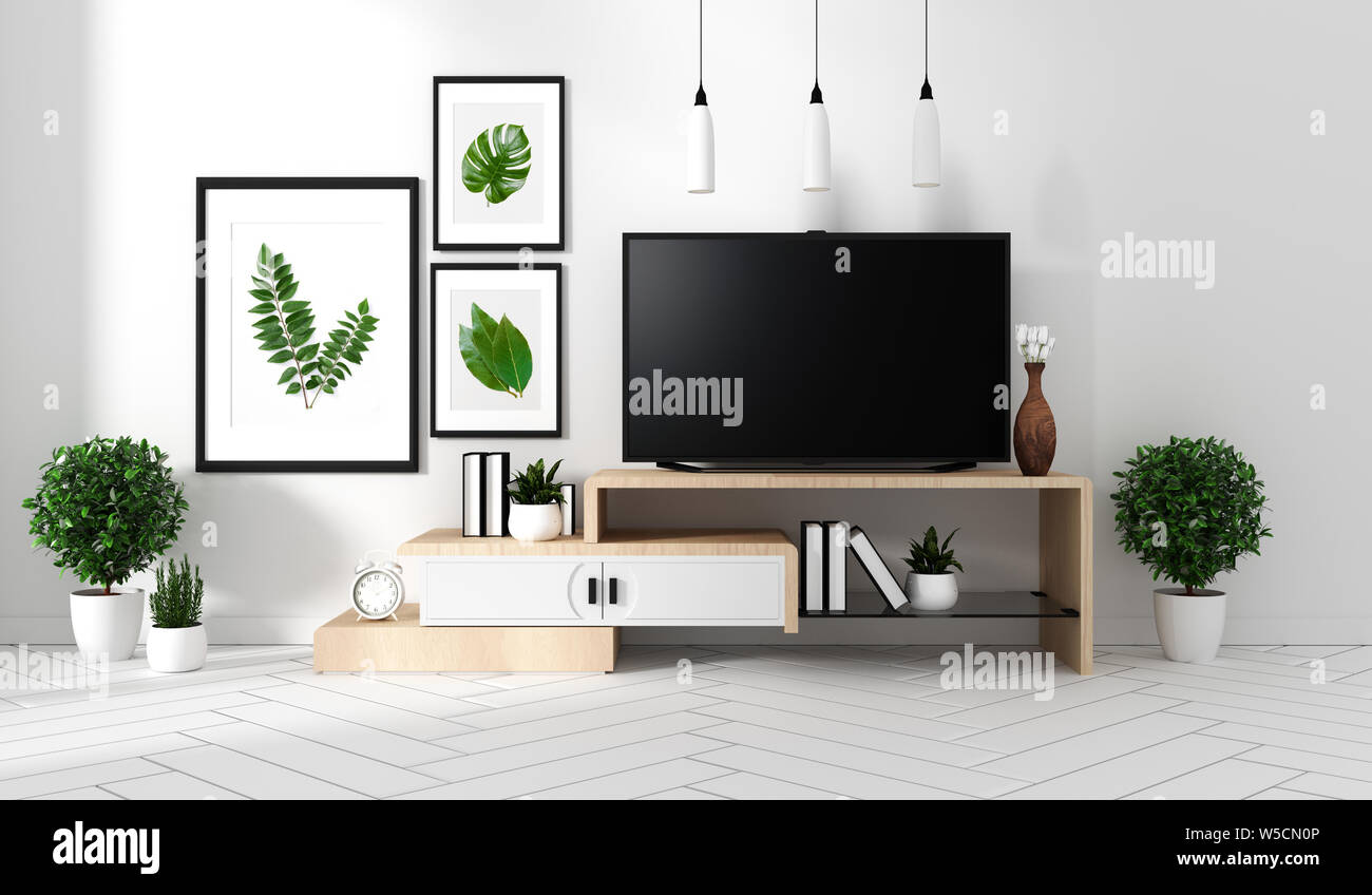 Smart Tv Mockup with blank black screen hanging on the cabinet and ...