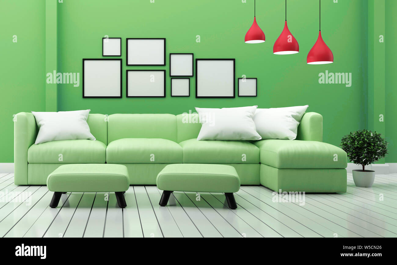 Minimal designs, living room interior with sofa plants and lamp on green wall background. 3D rendering Stock Photo