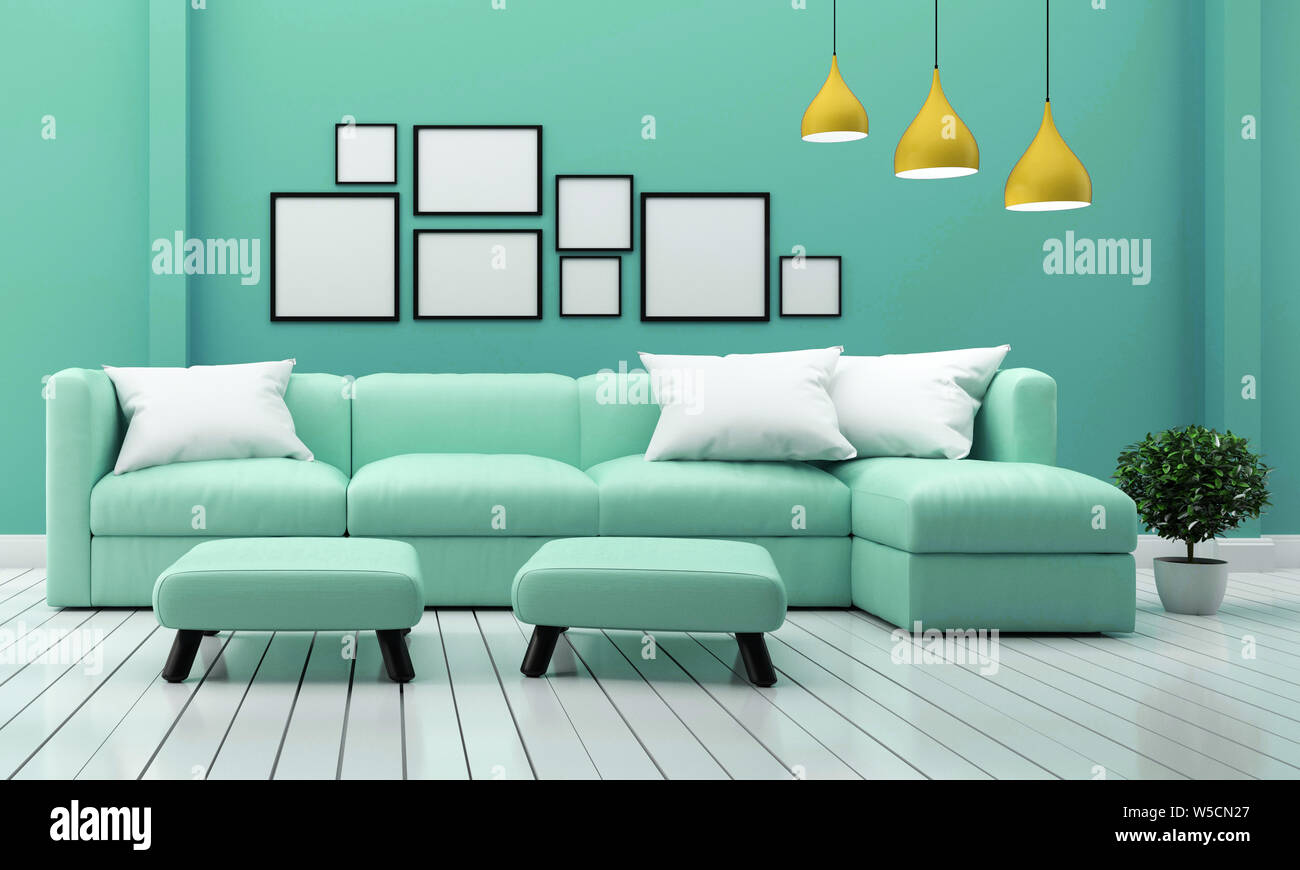 Minimal designs, living room interior with sofa plants and lamp on mint wall background. 3D rendering Stock Photo