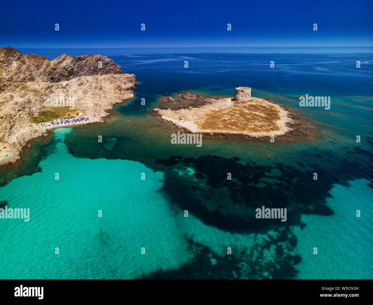 Famous La Pelosa beach with Torre della Pelosa on Sardinia island, Sardinia, Italy, Europe. Stock Photo