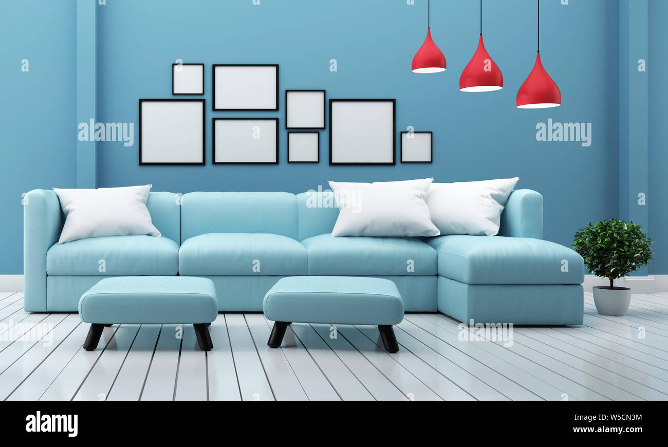 Minimal designs, living room interior with sofa plants and lamp on blue  wall background. 3D rendering Stock Photo - Alamy