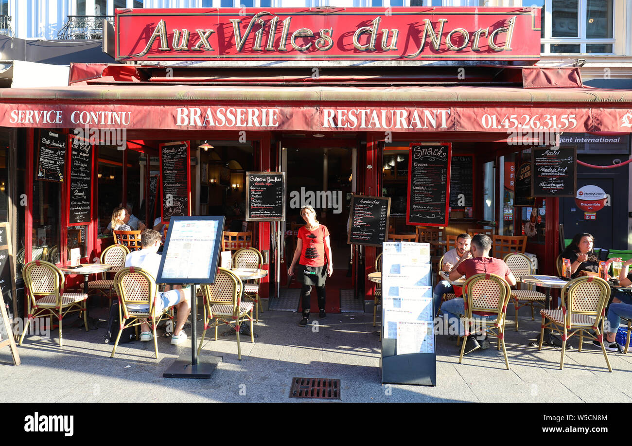The typical Parisian cafe Aux villes du Nord located near Gare du Nord in Paris, France Stock