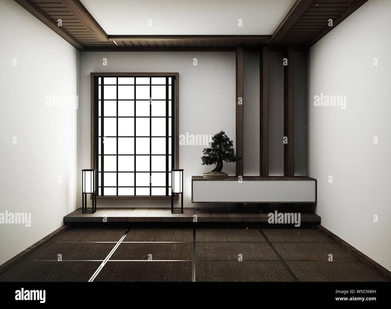 interior design,modern empty living room with floor tatami mat and traditional japanese.3D rendering Stock Photo