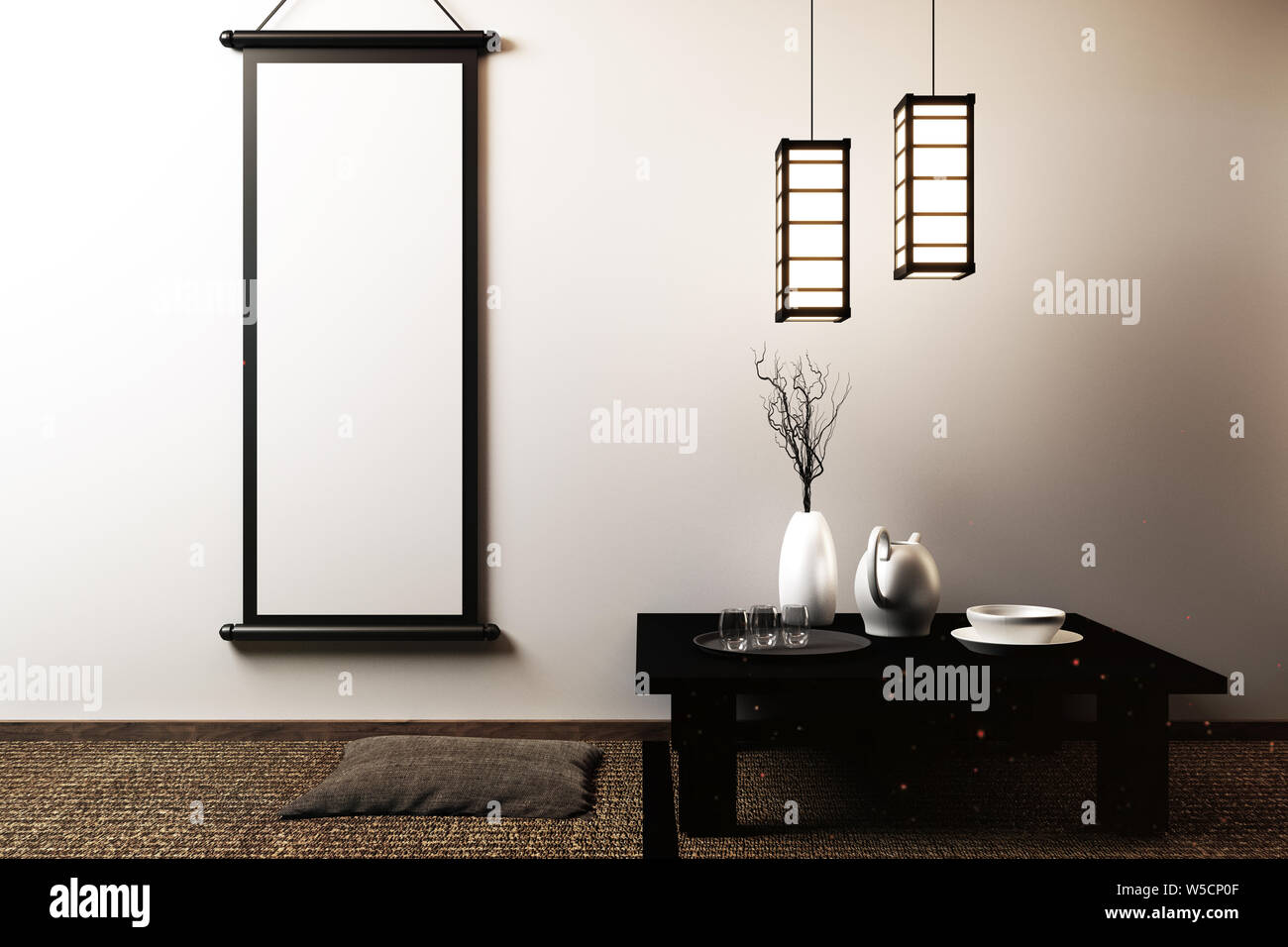 Japanese living room with lamp, frame, black low table in room white