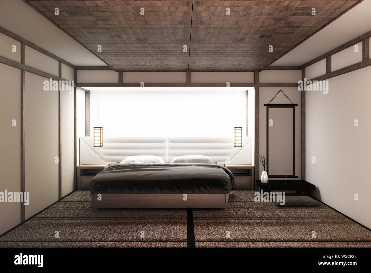 Modern peaceful Bedroom. zen style bedroom. serene bedroom. Wood bed with tatami floor japanese style. 3D rednering Stock Photo