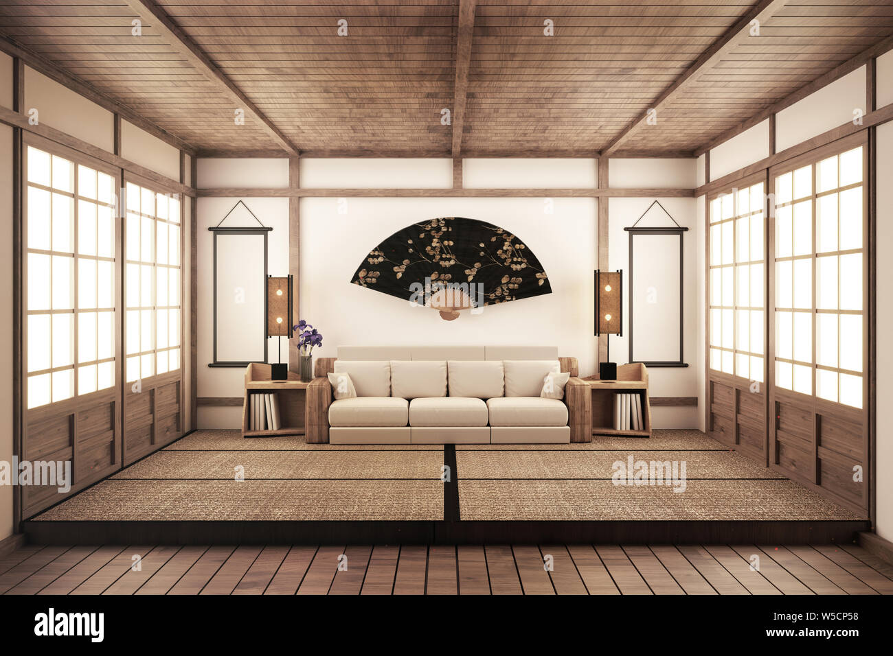 luxury zen style living room. 3D rednering Stock Photo