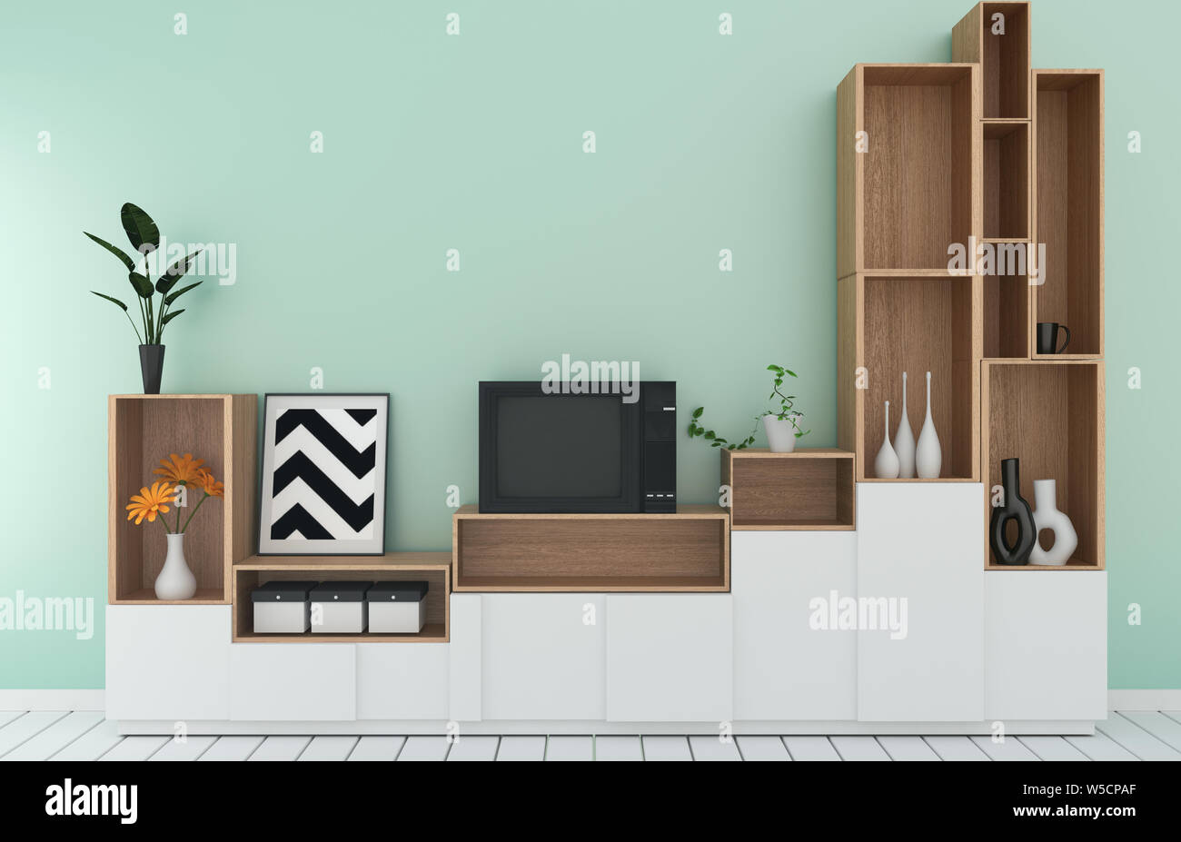 Tv Shelf In Mint Room Modern Tropical Style Empty Room