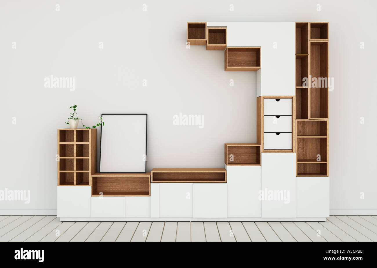 Cabinet Design Mockup In Modern Empty Room White Floor Wooden On