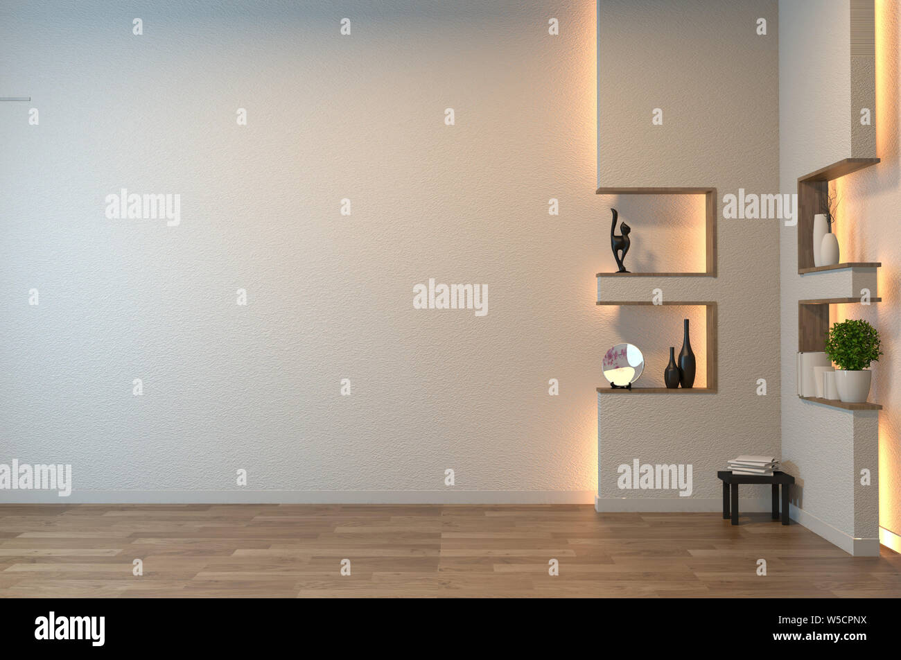 Empty zen room interior background with shelf wall japanese style design hidden light.3d rendering Stock Photo