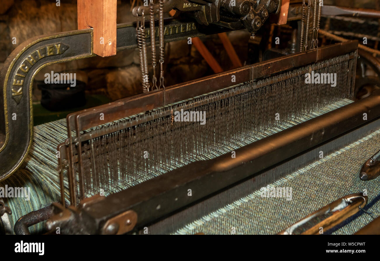 close up of an old traditional Scottish weaving loom for weaving Harris Tweed Stock Photo