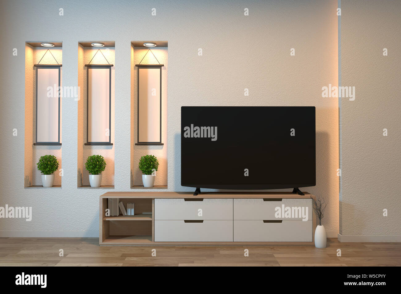 TV cabinet on zen room interior and shelf wall design hidden light, minimalist and zen interior of living room japanese style.3d rendering Stock Photo