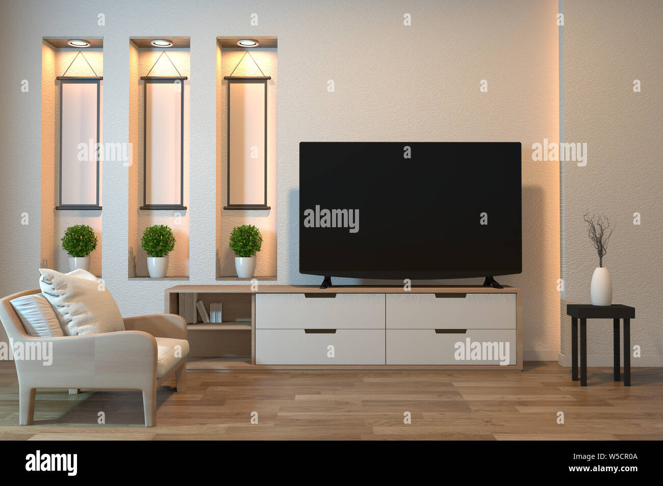 TV cabinet on zen room interior and shelf wall design hidden light, minimalist and zen interior of living room japanese style.3d rendering Stock Photo