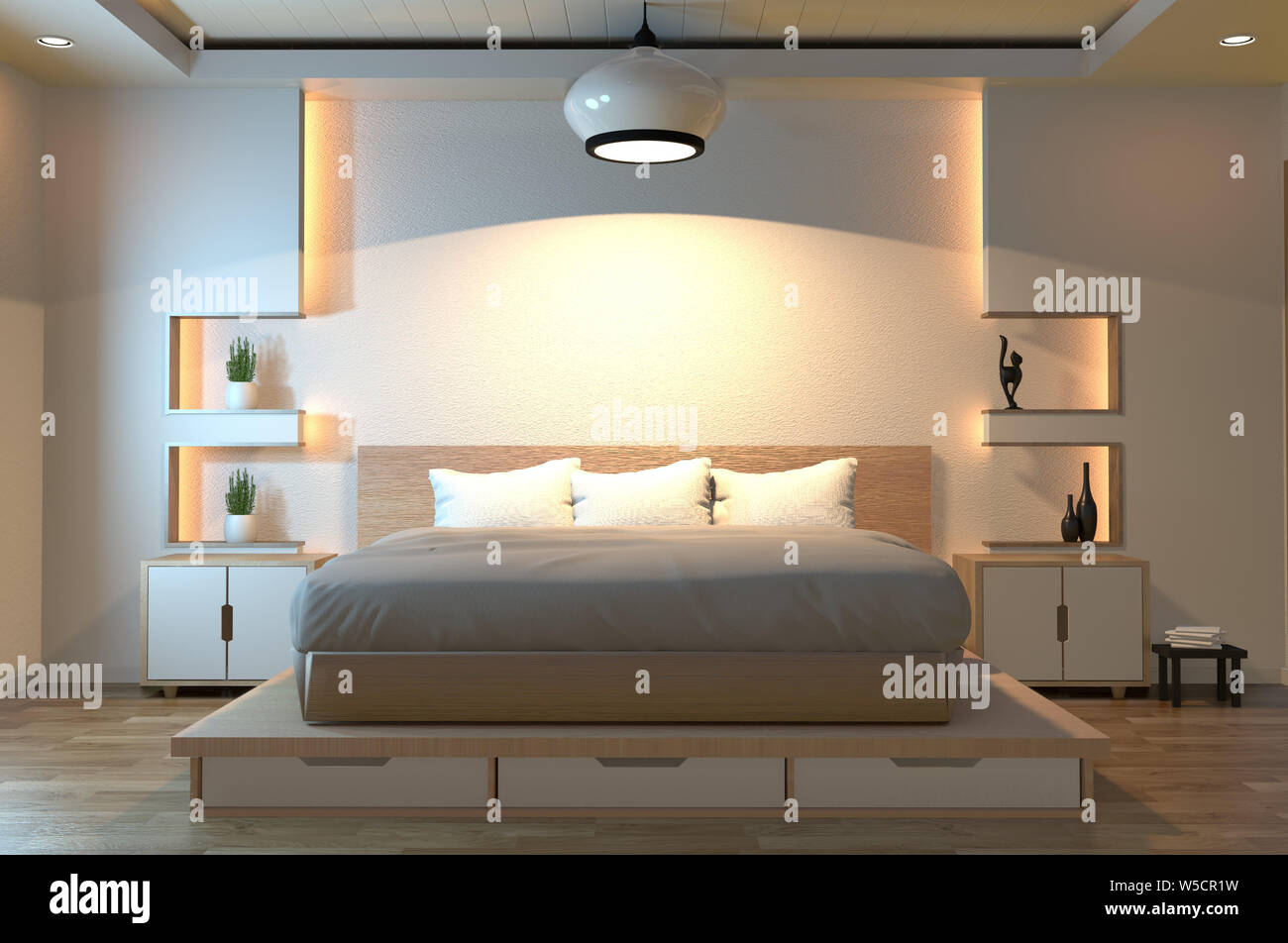 Modern zen peaceful Bedroom. japan style bedroom with shelf wall design hidden light and decoration japanese style.3D rendering Stock Photo
