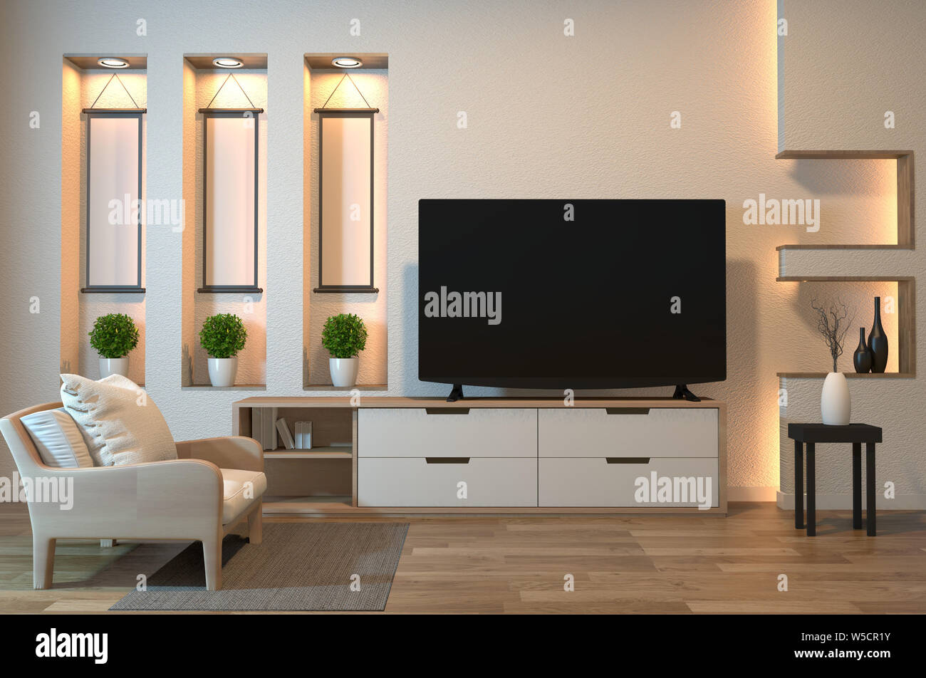 TV cabinet on zen room interior and shelf wall design hidden light, minimalist and zen interior of living room japanese style.3d rendering Stock Photo