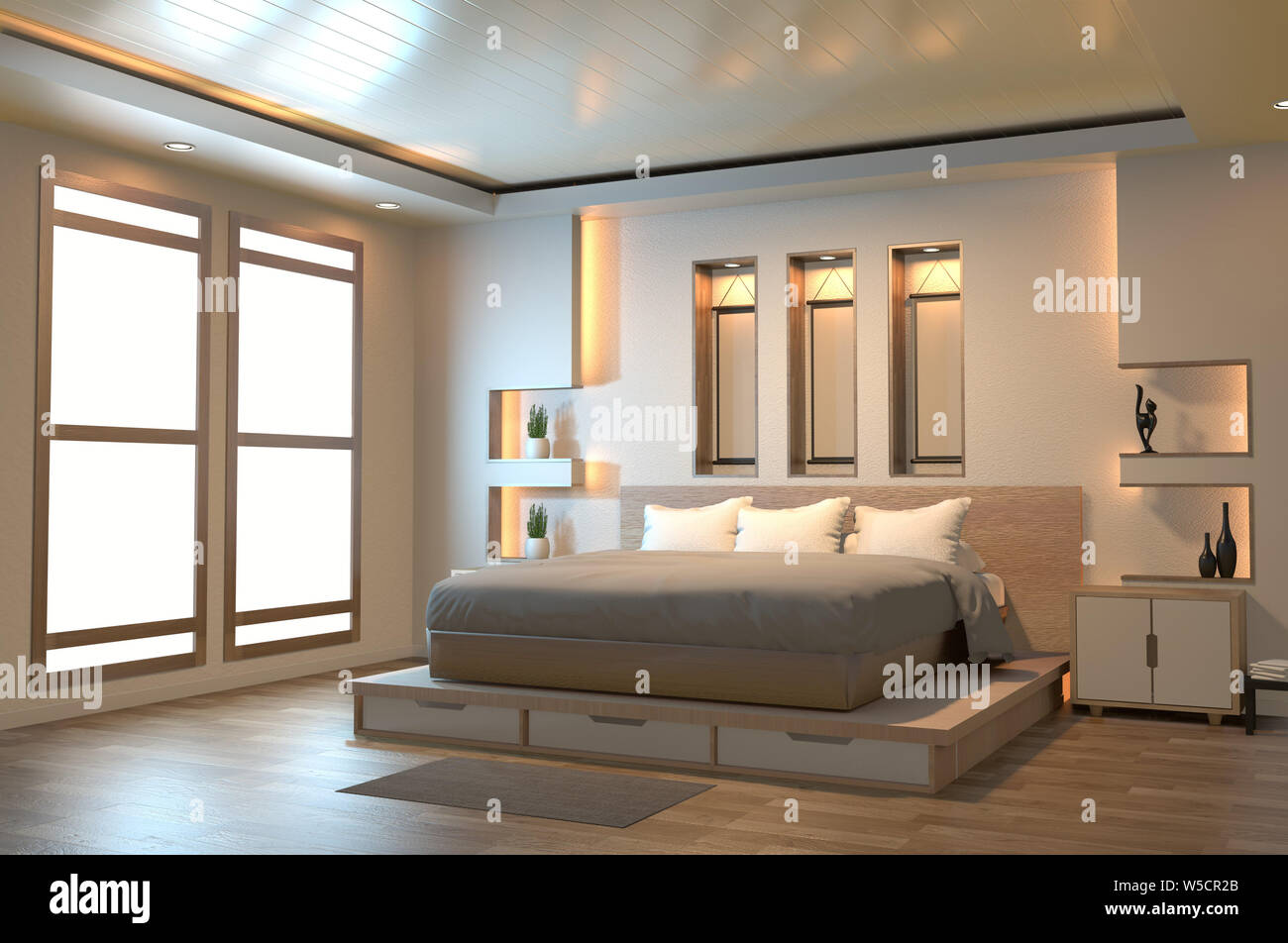 Modern zen peaceful Bedroom. japan style bedroom with shelf wall design hidden light and decoration japanese style.3D rendering Stock Photo