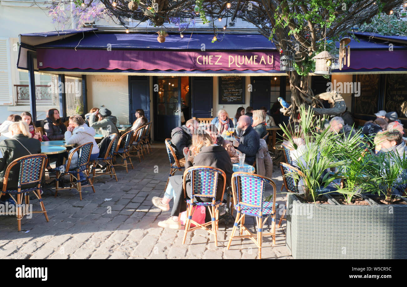The traditional French restaurant Chez Plumeau in Montmartre in 18 district of Paris, France. Stock Photo