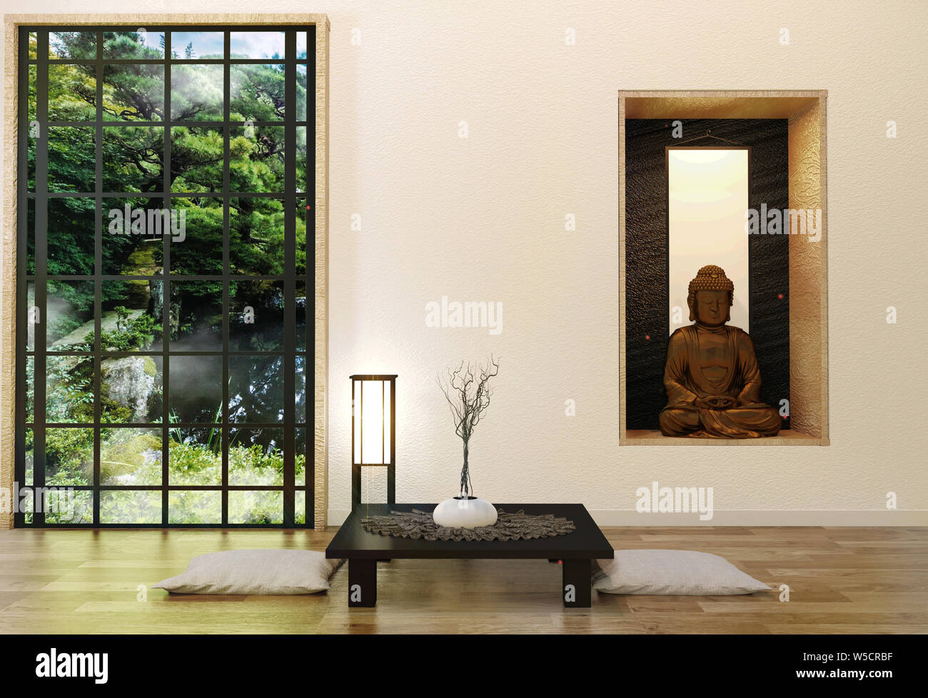 Minimalist modern zen living room with wood floor and decor japanese style.3d rendering Stock Photo