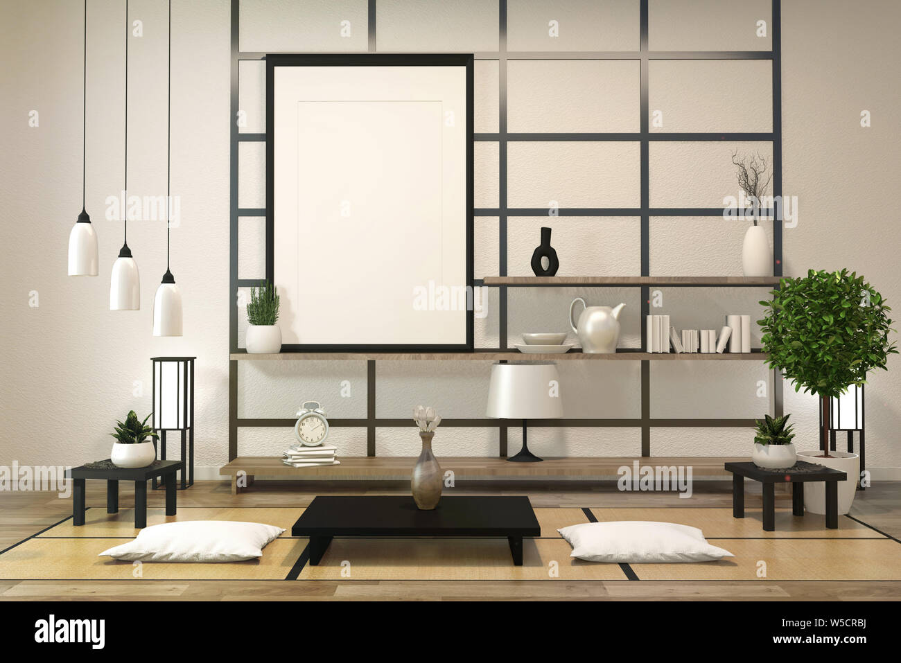 Minimalist modern zen living room with wood floor and decor japanese style.3d rendering Stock Photo