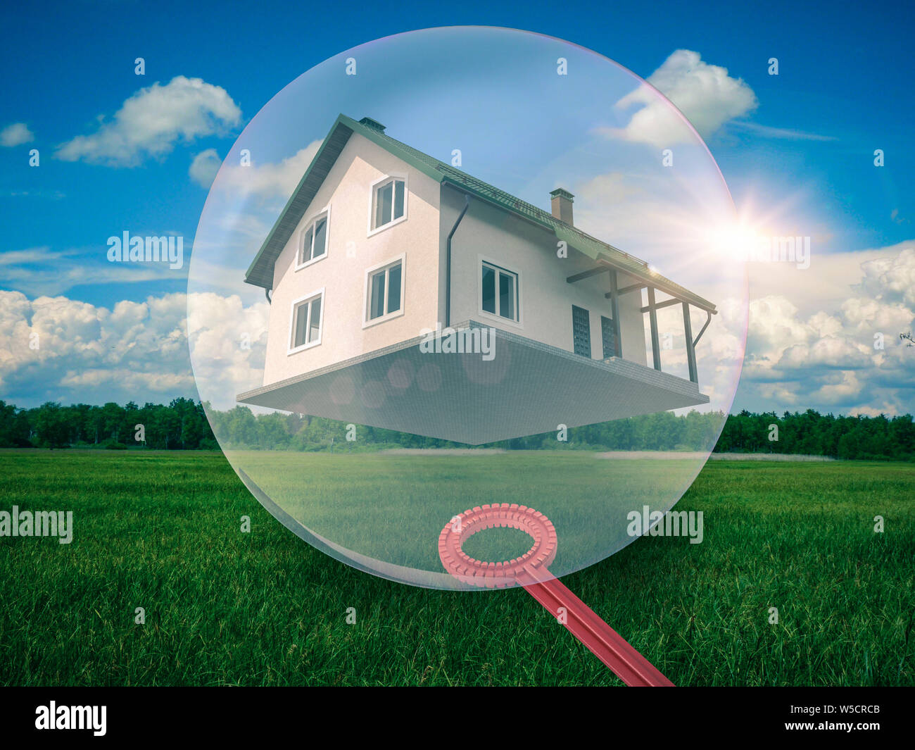 House is caught in a floating bubble- 3D-Illustration Stock Photo