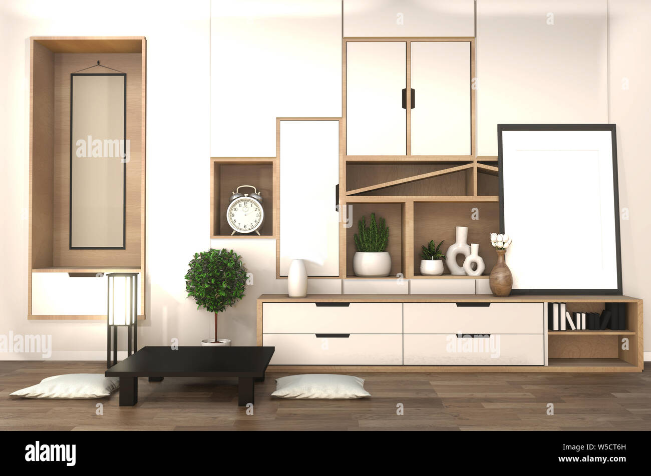 wooden cabinet on room shelf wall minimalist and japanese interior of zen living room.3d rendering Stock Photo