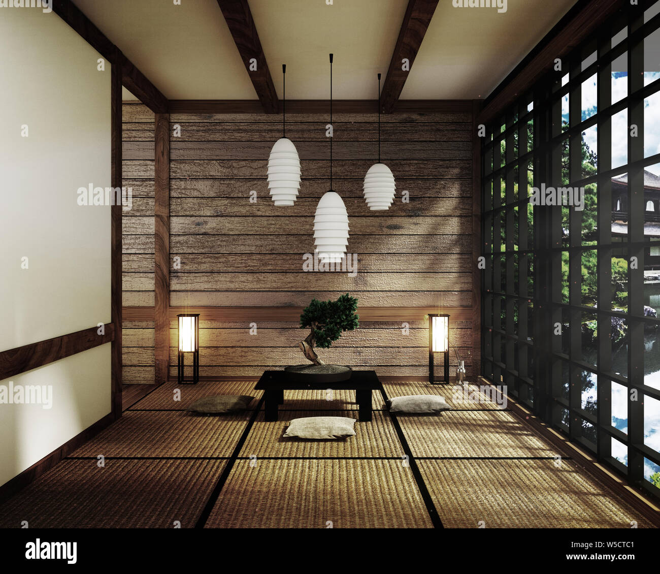 Tatami mats and paper sliding doors called Shoji room japanese zen style.3D rendering Stock Photo