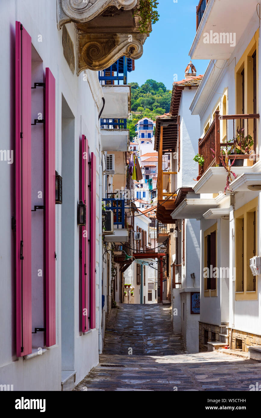 A Narrow Street in Skopelos Town, Northern Sporades Greece. Stock Photo