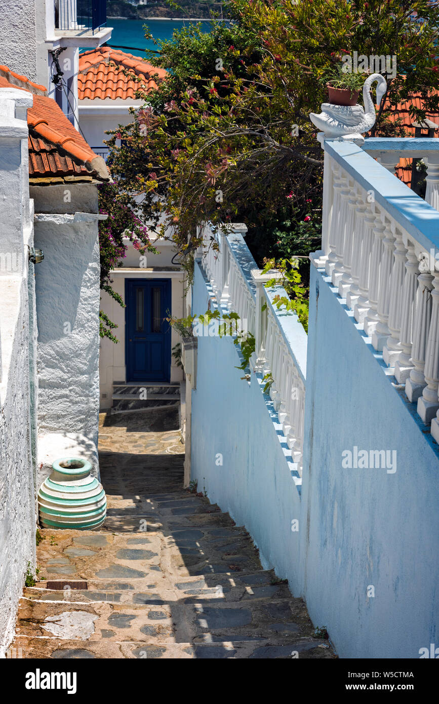 A Stepped Street in Skopelos Town, Northern Sporades Greece. Stock Photo