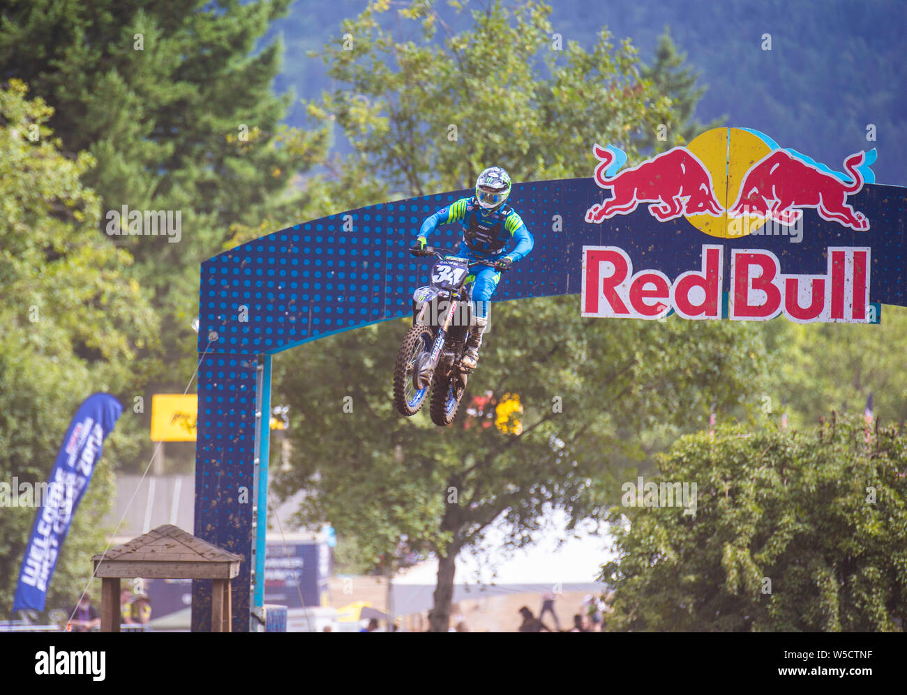 Washougal, USA. 27th July, 2019. # 34 Dylan Ferrandos gets air between turn 15 and 16 during the Lucas Oil Pro Motocross Washougal National 250 class championship at Washougal mx park Washougal, WA Thurman James/CSM/Alamy Live News Stock Photo