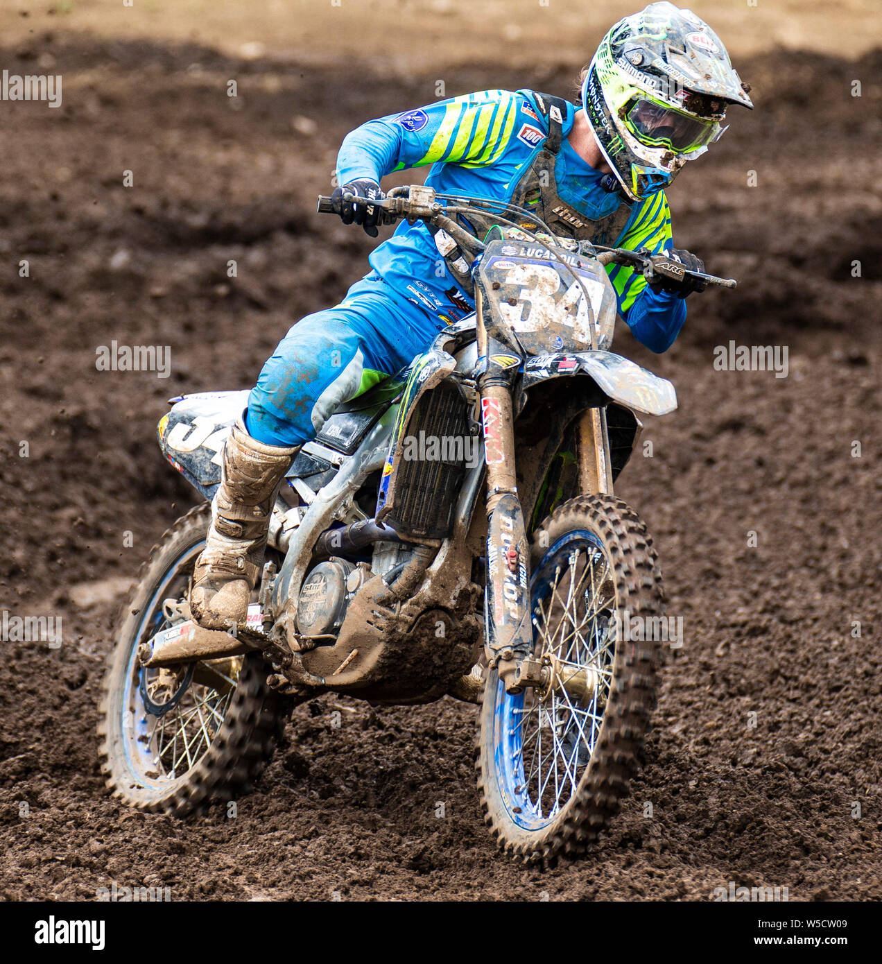 Washougal, USA. 27th July, 2019. # 34 Dylan Ferrandos coming out of turn 31 during the Lucas Oil Pro Motocross Washougal Championship 250 class moto # 1 at Washougal MX park Washougal, WA Thurman James/CSM/Alamy Live News Stock Photo