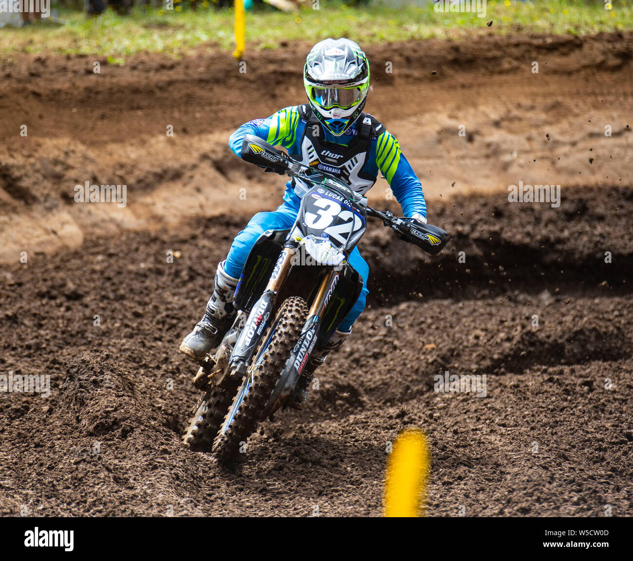 Washougal, USA. 27th July, 2019. # 32 Justin Cooper coming out of turn 31during the Lucas Oil Pro Motocross Washougal Championship 250 class moto # 1 at Washougal MX park Washougal, WA Thurman James/CSM/Alamy Live News Stock Photo