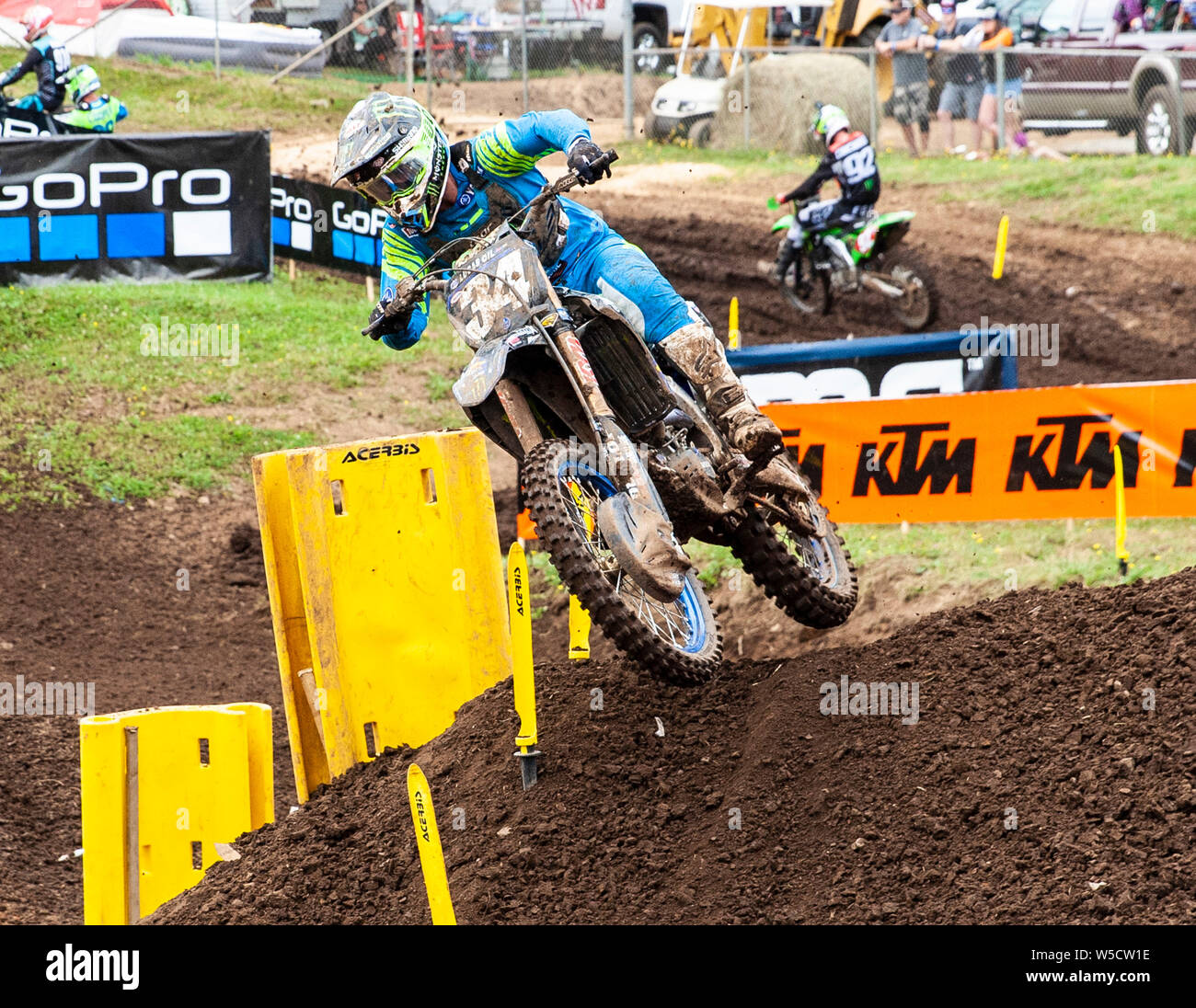 Washougal, USA. 27th July, 2019. # 34 Dylan Ferrandos coming out of turn 30 during the Lucas Oil Pro Motocross Washougal Championship 250 class moto # 1 at Washougal MX park Washougal, WA Thurman James/CSM/Alamy Live News Stock Photo