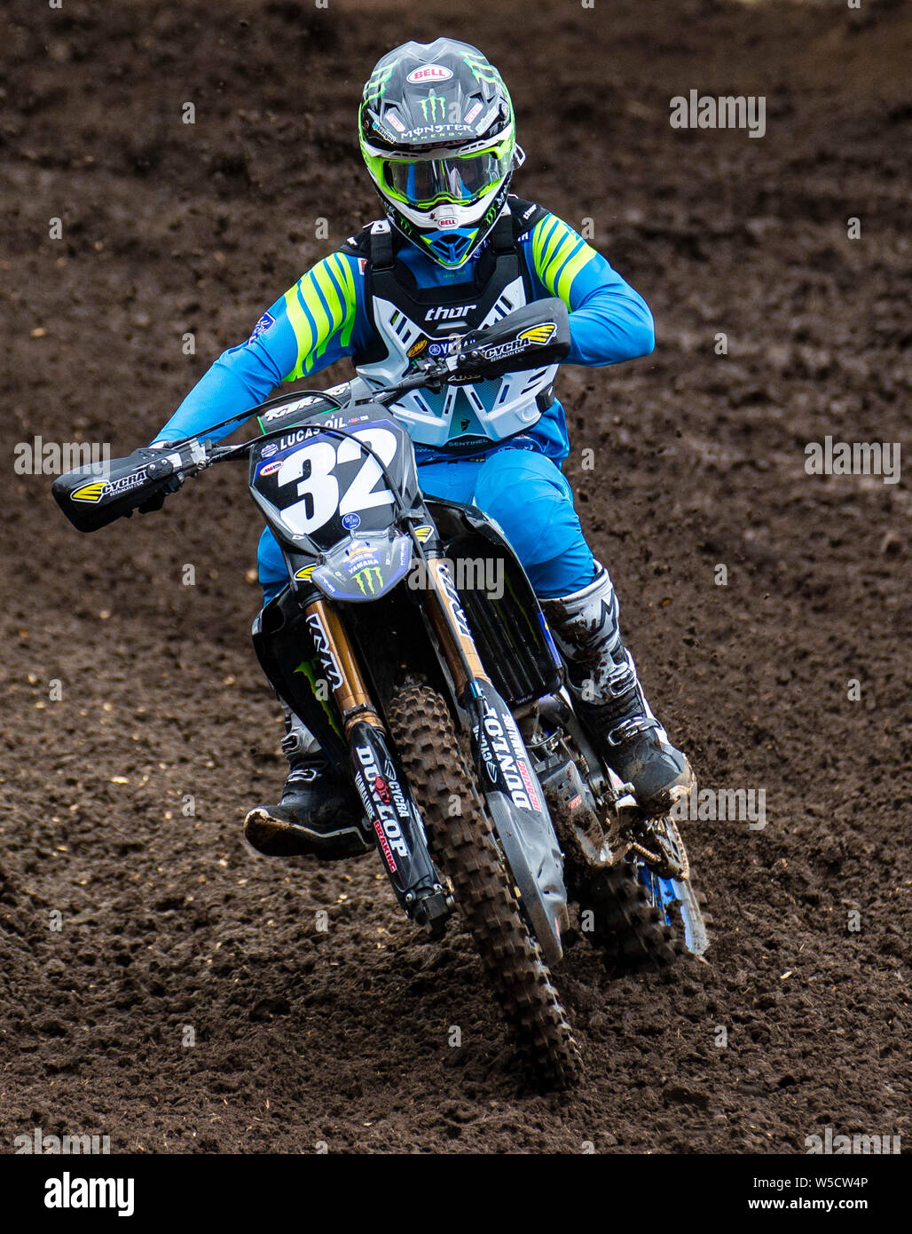 Washougal, USA. 27th July, 2019. # 32 Justin Cooper coming out of turn 2 during the Lucas Oil Pro Motocross Washougal Championship 250 class moto # 1 at Washougal MX park Washougal, WA Thurman James/CSM/Alamy Live News Stock Photo