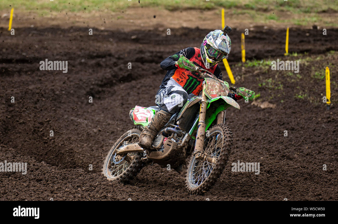 Washougal, USA. 27th July, 2019. # 92 Adam Cianciarulo coming out of turn 31 during the Lucas Oil Pro Motocross Washougal Championship 250 class moto # 1 at Washougal MX park Washougal, WA Thurman James/CSM/Alamy Live News Stock Photo