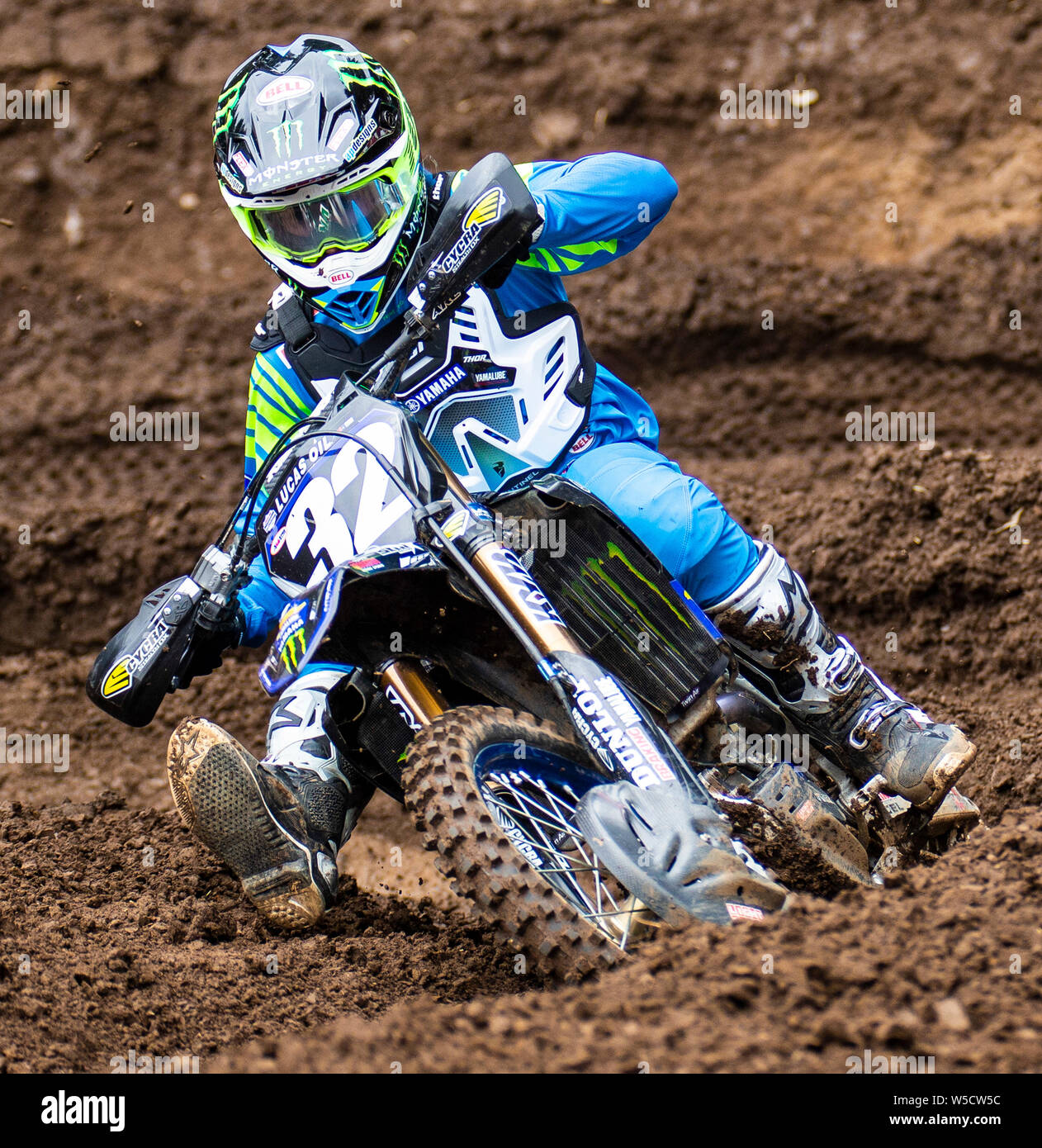 Washougal, USA. 27th July, 2019. # 32 Justin Cooper coming out of turn12 during the Lucas Oil Pro Motocross Washougal Championship 250 class moto # 1 at Washougal MX park Washougal, WA Thurman James/CSM/Alamy Live News Stock Photo