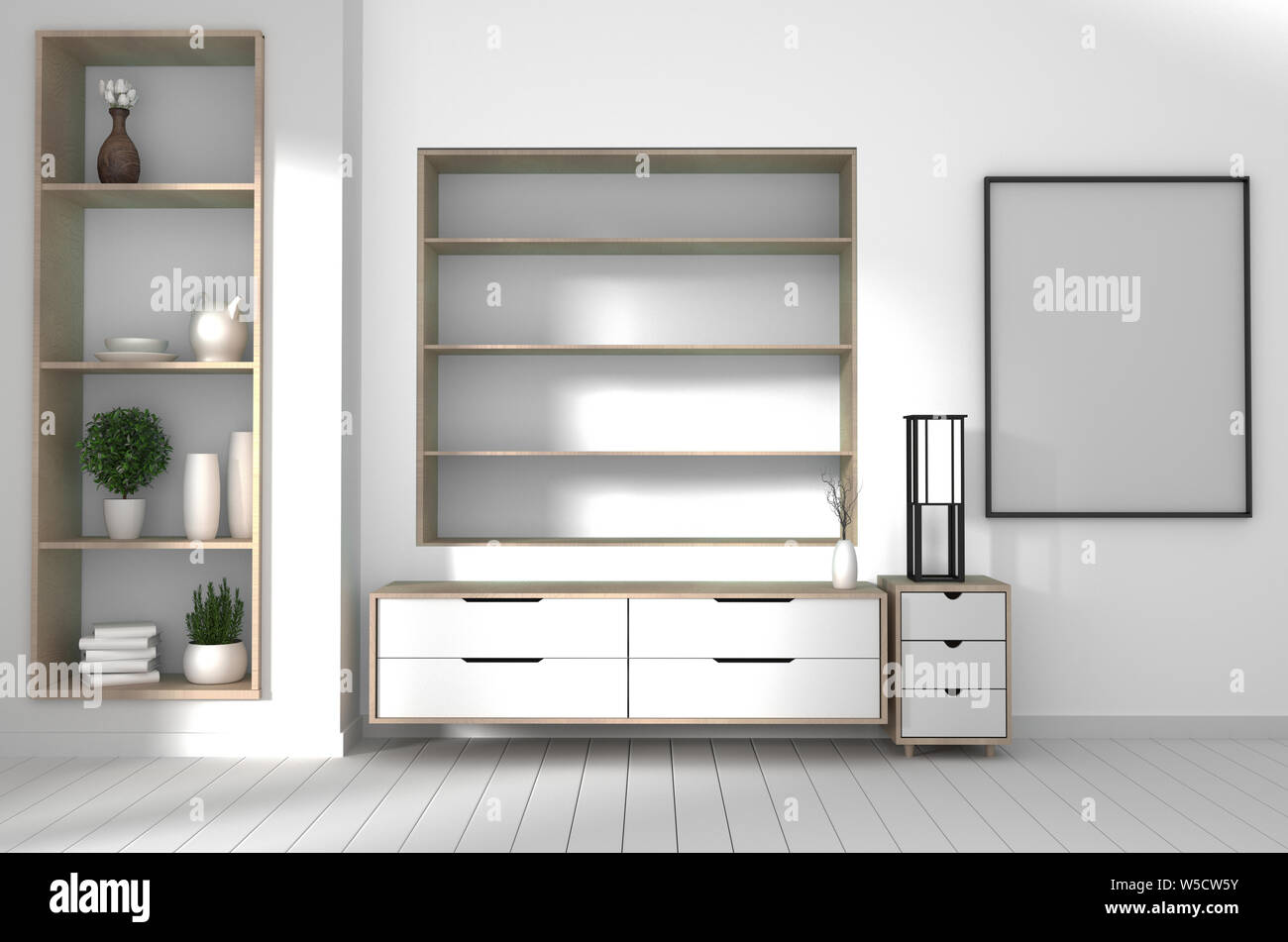 cabinet on white wood flooring and white wall, minimalist and zen interior of living room japanese style.3d rendering Stock Photo