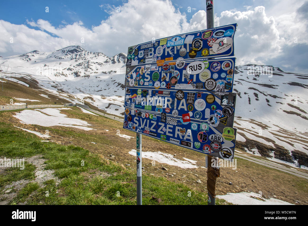 STELVIO PASS, ITALY, JUNE 20, 2019 - Road signs at Stelvio Pass, the highest automobile pass in Italy, 2758 metres, located between Trentino-Alto Adig Stock Photo