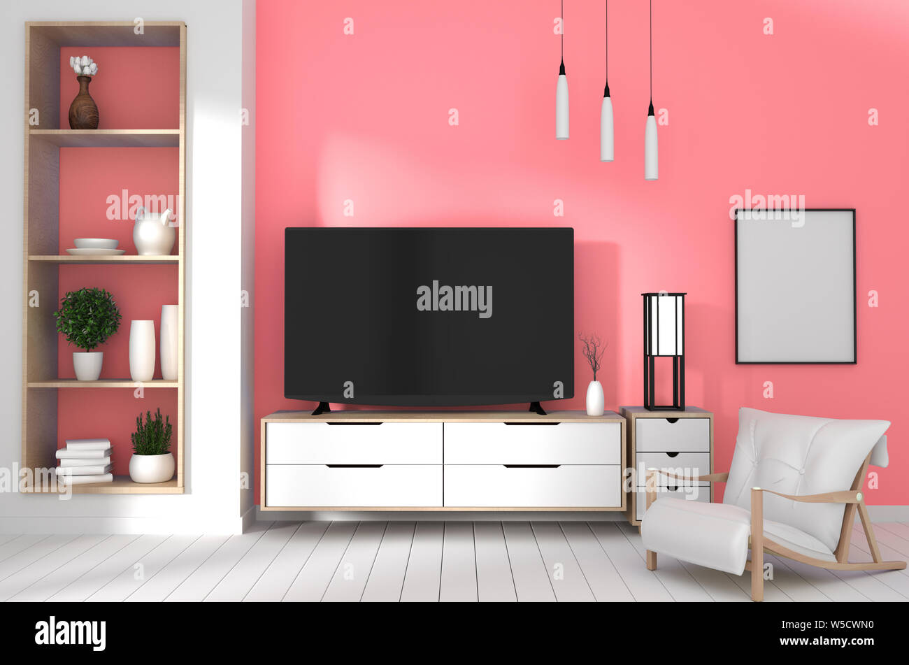 TV in japanese room with decoration on coral color wall   rendering Stock Photo - Alamy